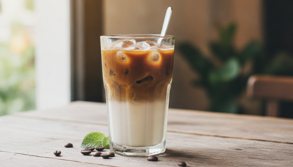 A tall glass of Vietnamese iced coffee with ice showing distinct layers of dark coffee and creamy condensed milk