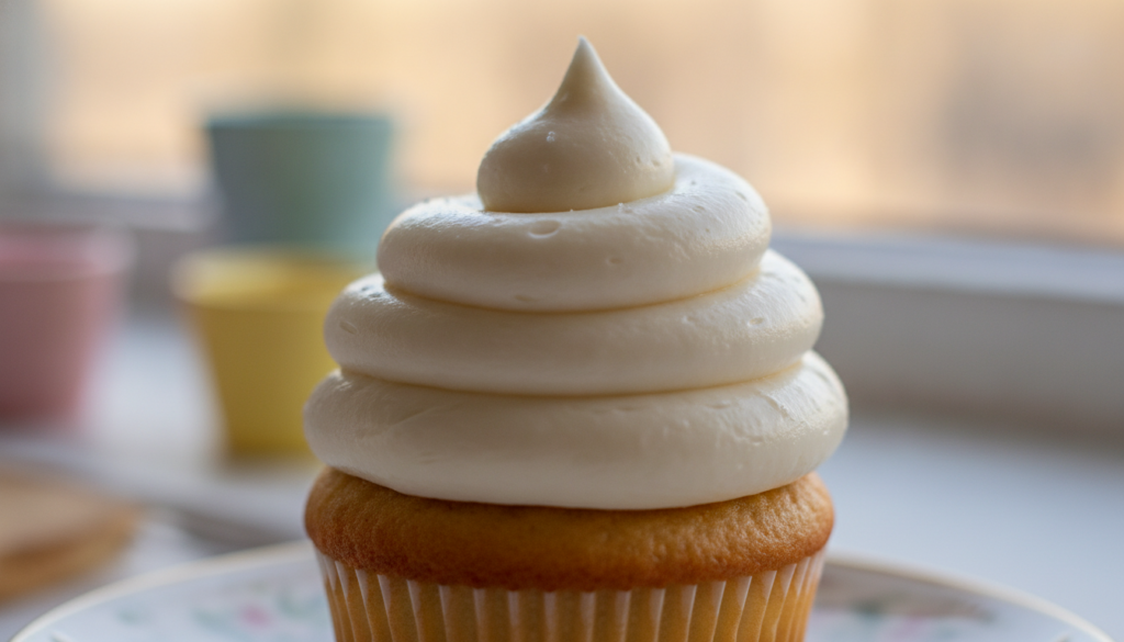 A swirl of smooth creamy white frosting on top of a cupcake with a hint of shimmer