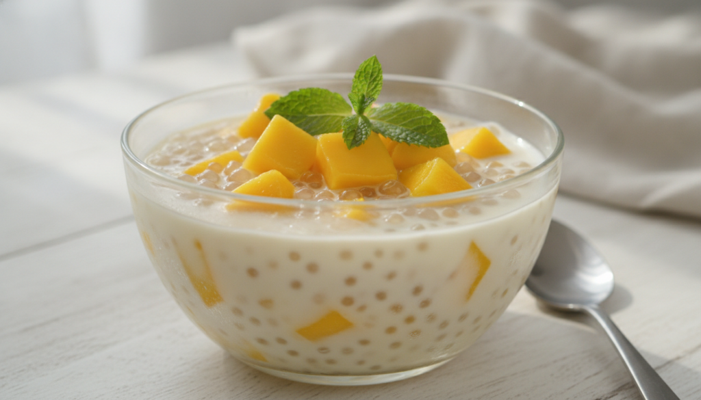 A bowl of chilled mango sago dessert with diced mango small tapioca pearls and creamy coconut milk garnished with mint