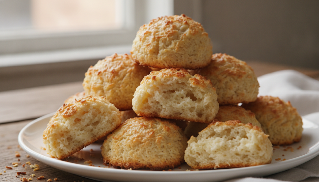 Golden-brown chewy coconut macaroons piled on a serving plate showing their textured surface and moist interior