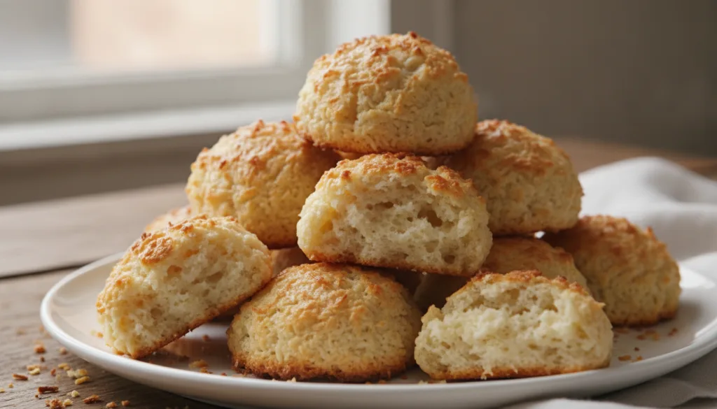 Golden-brown chewy coconut macaroons piled on a serving plate showing their textured surface and moist interior