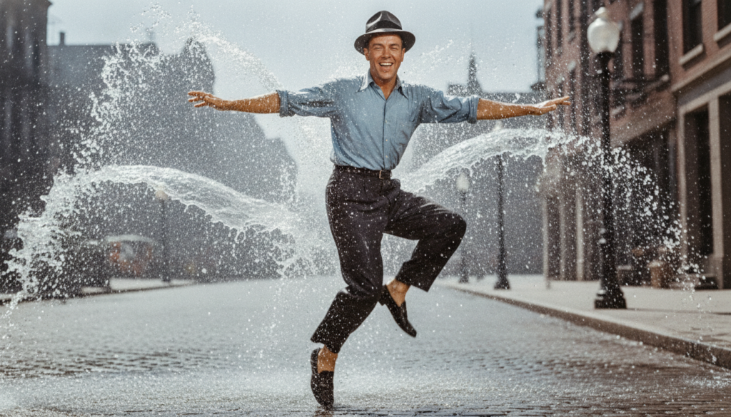 Gene Kelly mid-dance in a classic film possibly splashing water with a joyous expression