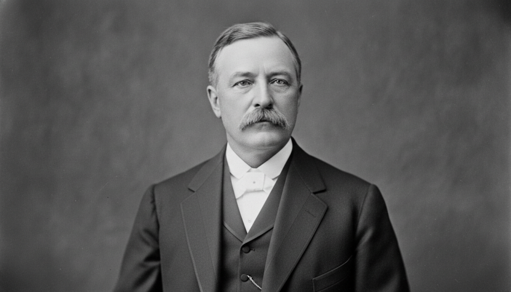 A formal black and white portrait of William McKinley featuring his serious expression neatly combed hair and mustache w
