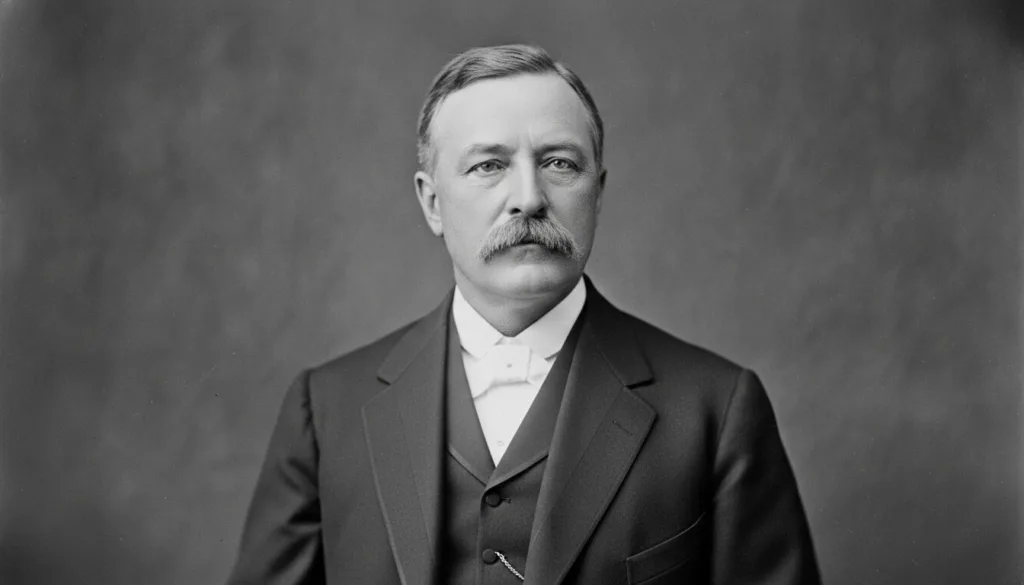 A formal black and white portrait of William McKinley featuring his serious expression neatly combed hair and mustache w