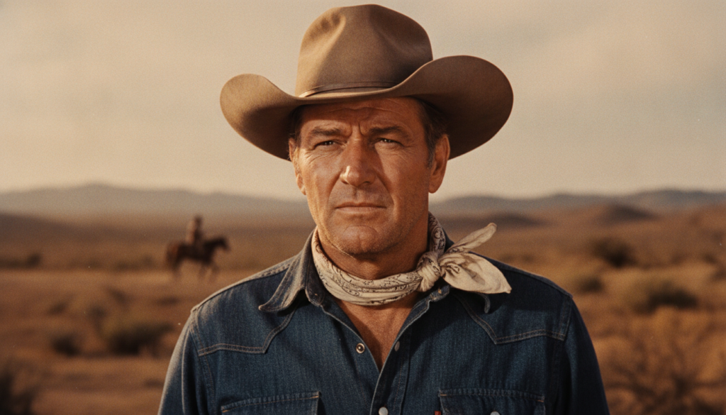 A classic portrait of John Wayne looking resolute and iconic perhaps in a Western setting or his signature attire