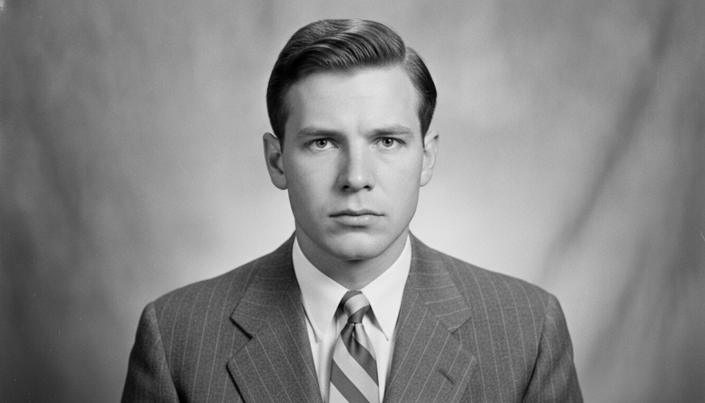 A black and white portrait of a young Gerald Ford looking serious but determined He is wearing a suit and tie characteri
