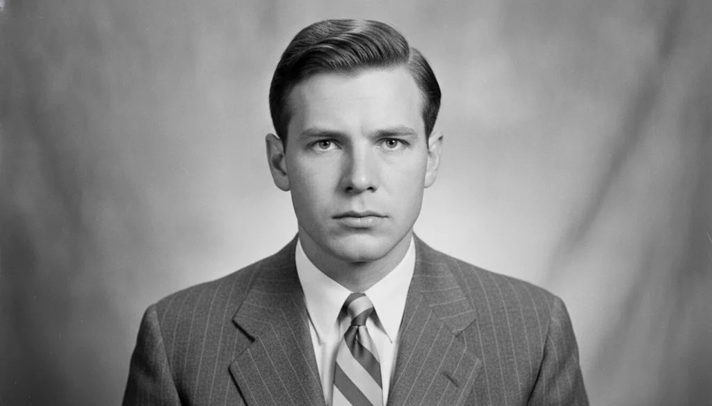 A black and white portrait of a young Gerald Ford looking serious but determined He is wearing a suit and tie characteri