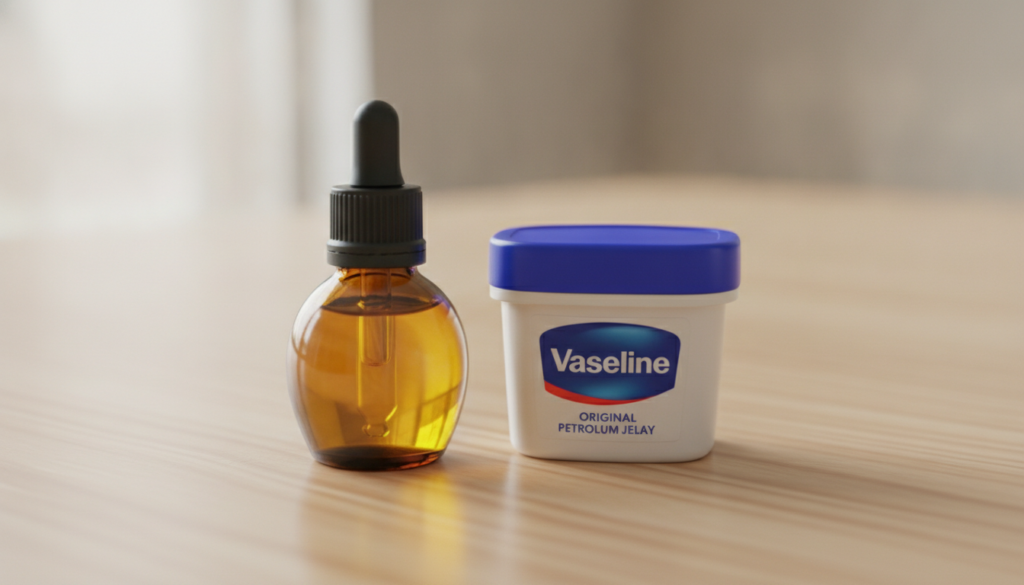 Small glass bottle of Vitamin E oil and a tub of petroleum jelly Vaseline on a clean light surface suggesting a simple D