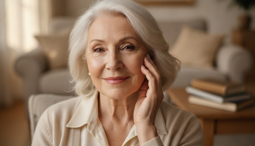 A close-up of a smiling elegant senior woman with smooth radiant skin gently touching her cheek against a soft warm back