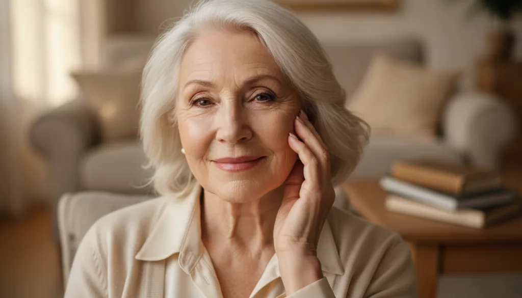A close-up of a smiling elegant senior woman with smooth radiant skin gently touching her cheek against a soft warm back