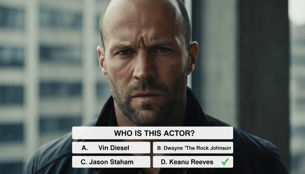 A multiple-choice quiz image showing a close-up photo of Jason Statham with four options A Vin Diesel B Dwayne The Rock 