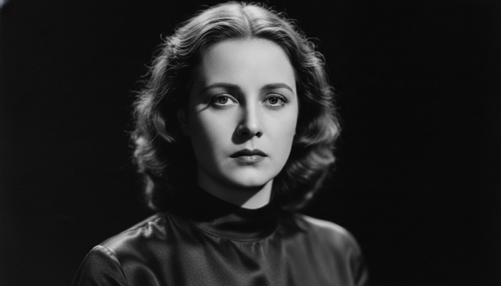 A black and white portrait of a young Greta Garbo looking mysterious and elegant with soft lighting highlighting her fac