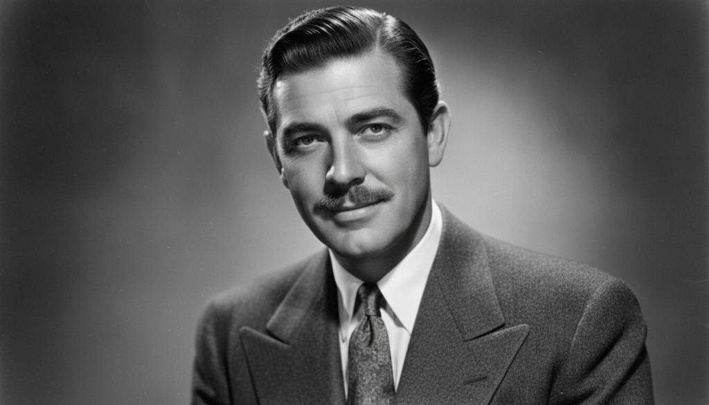 A black and white portrait of Clark Gable smiling looking confident and debonair typical of his King of Hollywood person