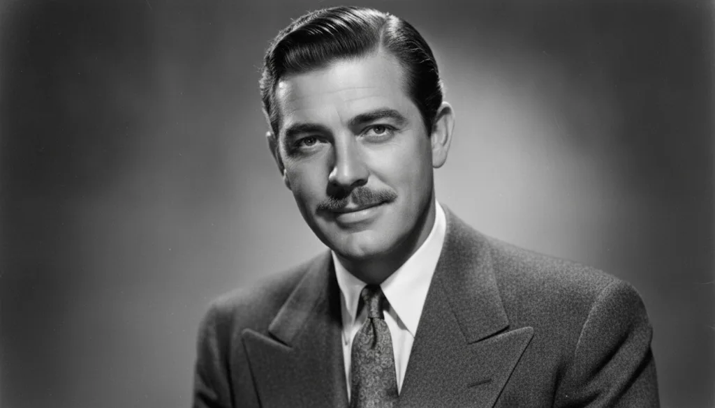 A black and white portrait of Clark Gable smiling looking confident and debonair typical of his King of Hollywood person