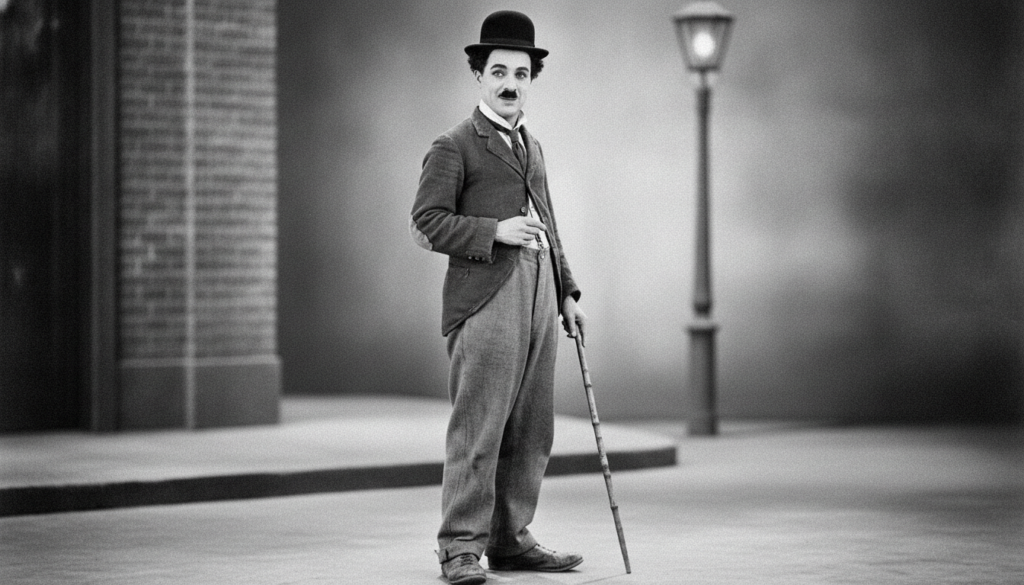 Charlie Chaplin in his iconic The Tramp costume complete with bowler hat cane and small mustache posing with a mischievo