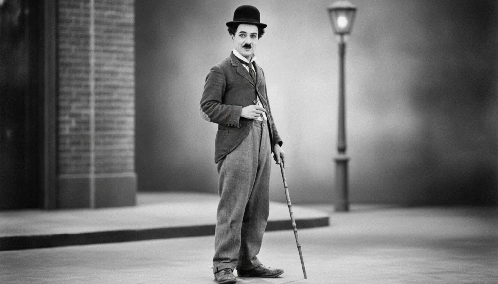 Charlie Chaplin in his iconic The Tramp costume complete with bowler hat cane and small mustache posing with a mischievo