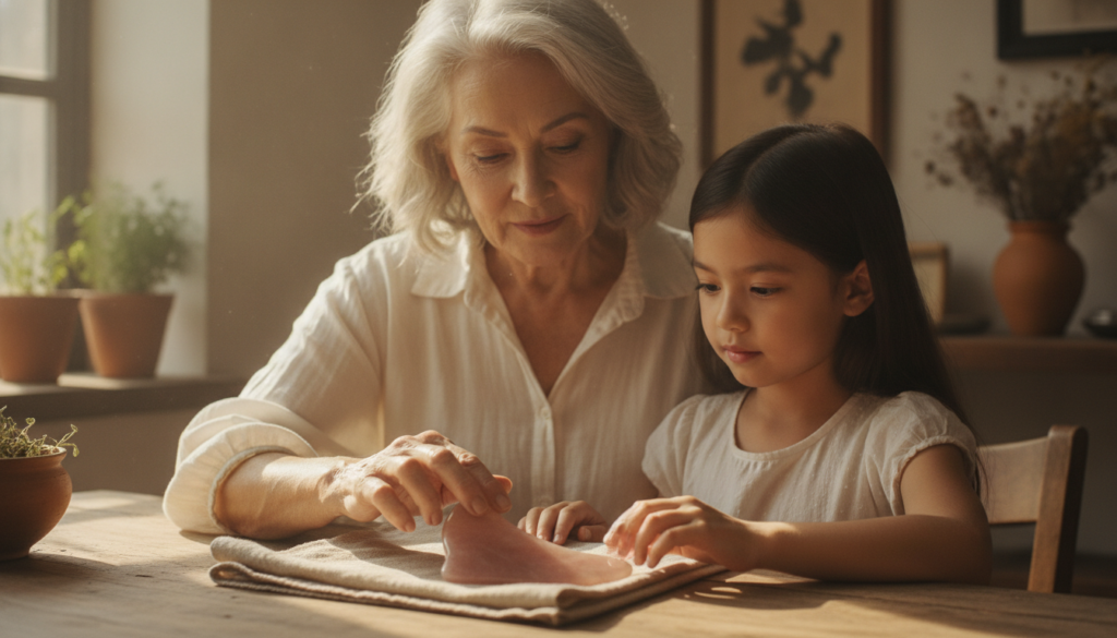 A serene image of a grandmother and granddaughter gently touching a smooth natural Gua Sha stone with soft warm lighting