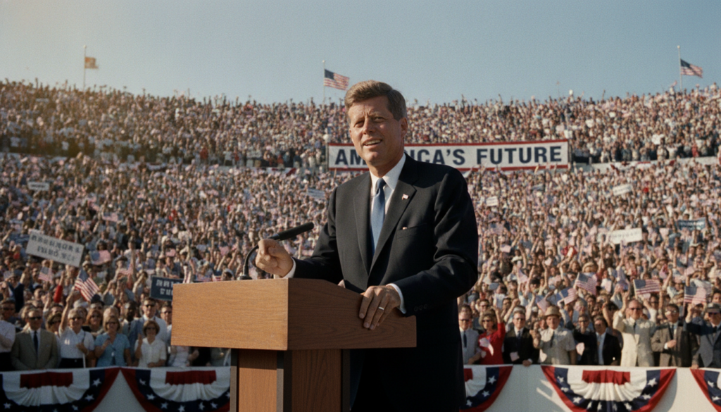 A color photograph of John F Kennedy at a podium speaking passionately to a crowd during his presidency