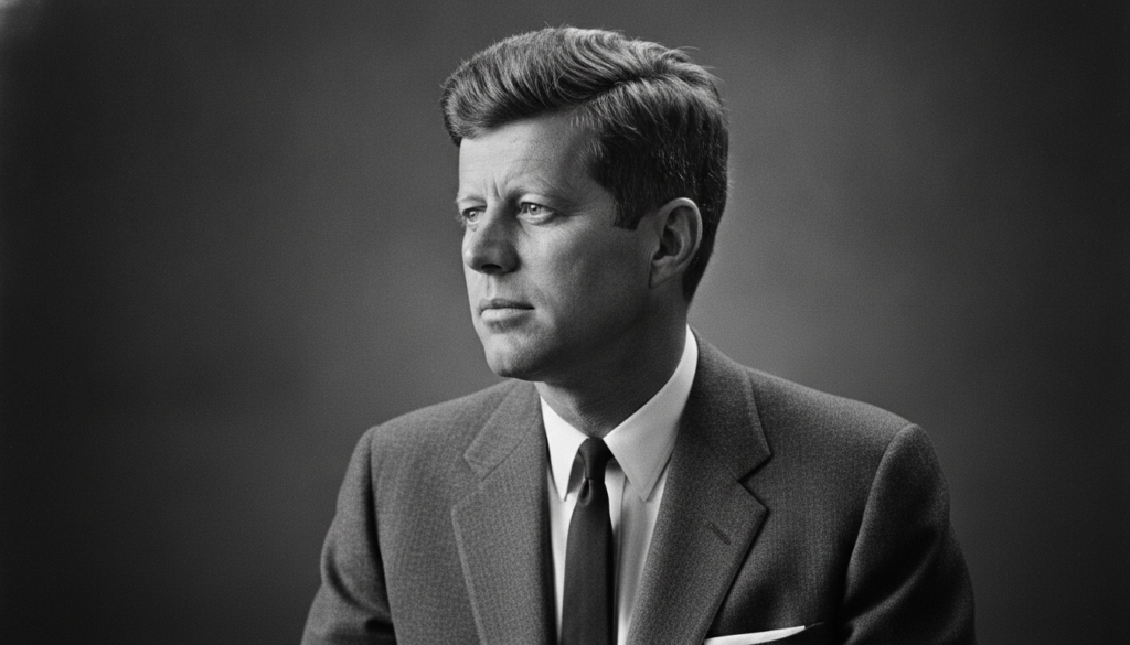 A multiple-choice quiz image featuring a black and white portrait of John F Kennedy with four answer options