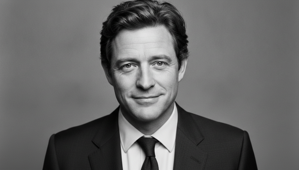 Black and white headshot of a well-known male actor slightly smiling and looking directly at the camera as featured in a