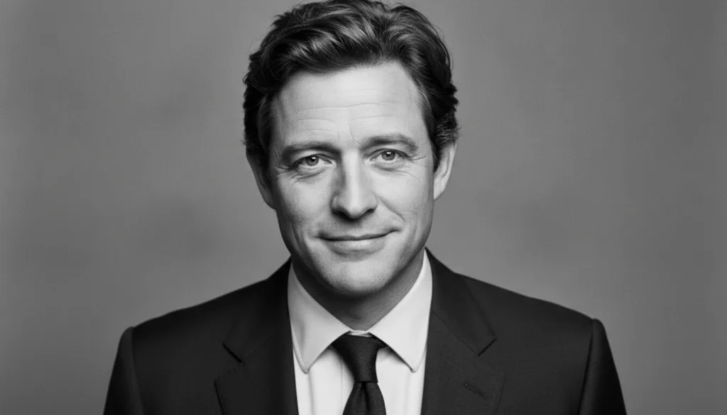 Black and white headshot of a well-known male actor slightly smiling and looking directly at the camera as featured in a
