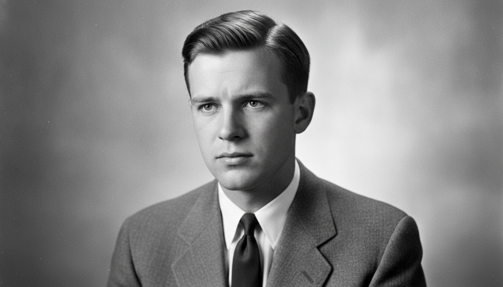 A black and white photo of a young Gerald Ford as seen in a celebrity quiz image