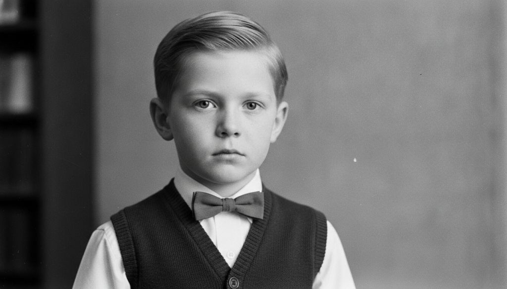 A black and white photo of a young boy possibly around 5-7 years old with neat hair and a direct gaze wearing a collared