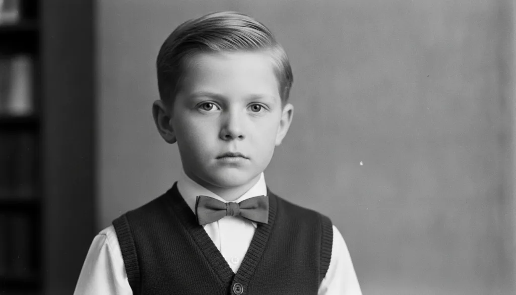 A black and white photo of a young boy possibly around 5-7 years old with neat hair and a direct gaze wearing a collared