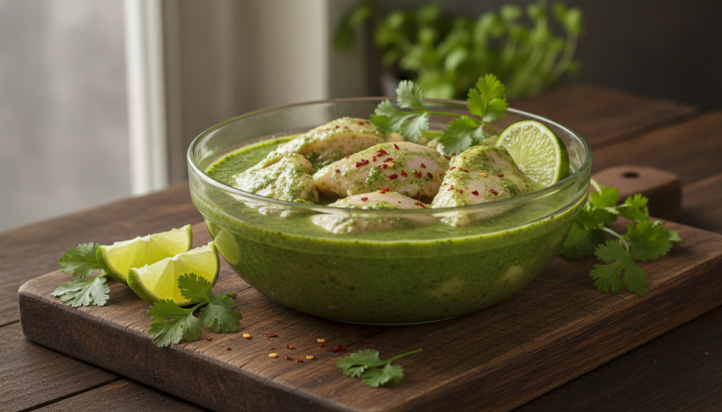 Raw chicken pieces marinating in a bright green cilantro lime marinade in a clear glass bowl surrounded by fresh cilantr