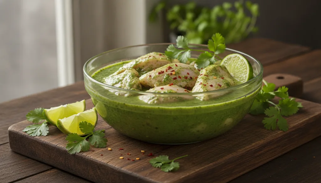 Raw chicken pieces marinating in a bright green cilantro lime marinade in a clear glass bowl surrounded by fresh cilantr