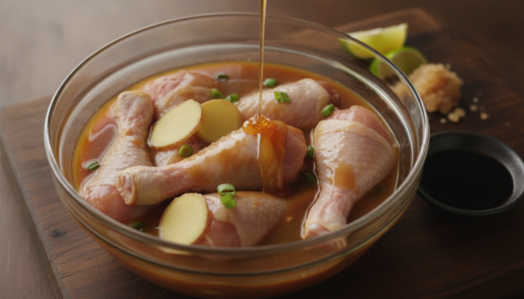 Raw chicken pieces marinating in a rich brown honey soy ginger marinade in a clear glass bowl surrounded by sliced fresh
