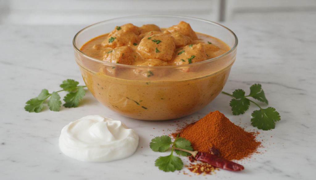 Raw chicken pieces marinating in a vibrant orange yogurt tandoori marinade in a clear glass bowl surrounded by Greek yog