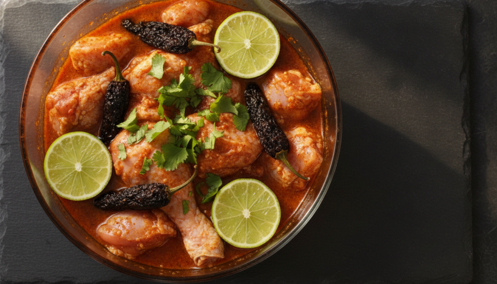 Raw chicken pieces marinating in a smoky orange chipotle lime marinade in a clear glass bowl surrounded by dried chipotl