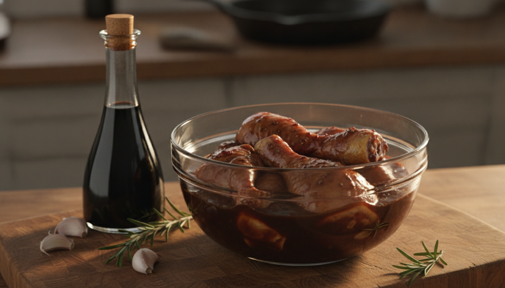 Raw chicken pieces marinating in a dark brown balsamic garlic marinade in a clear glass bowl surrounded by balsamic vine