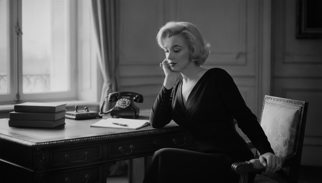 A vintage photograph of Marilyn Monroe in a more serious contemplative pose perhaps studying or at a business meeting em