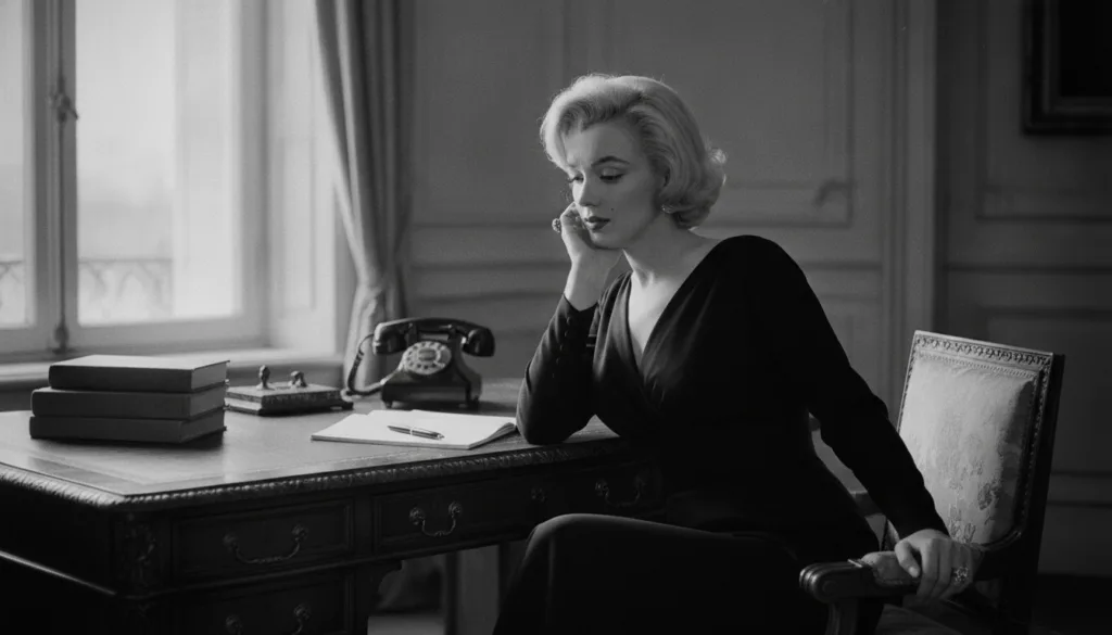 A vintage photograph of Marilyn Monroe in a more serious contemplative pose perhaps studying or at a business meeting em