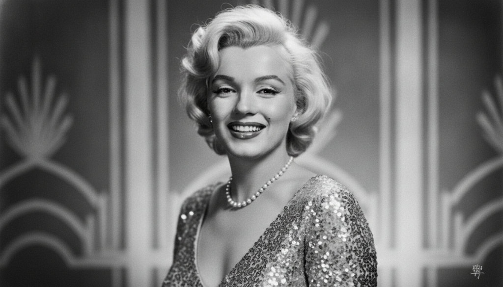 A beautiful classic portrait of Marilyn Monroe with her iconic blonde curls and a radiant smile capturing her timeless g