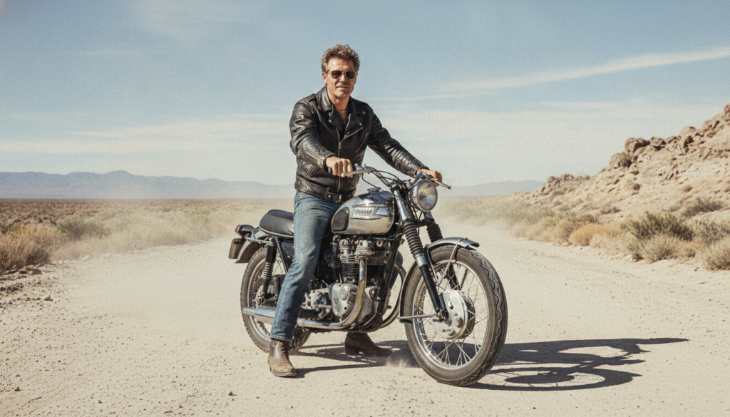 Steve McQueen on a vintage motorcycle wearing a classic leather jacket looking cool and composed The setting is a dusty 
