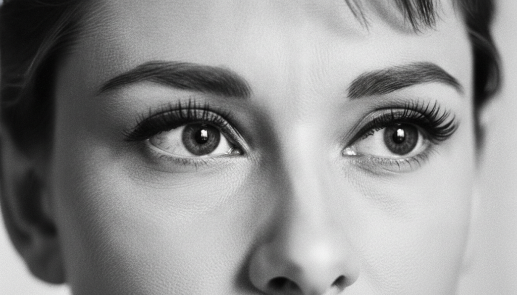 A very close-up cropped image of Audrey Hepburn s eyes showing only her eyes and eyebrows possibly from an old black and