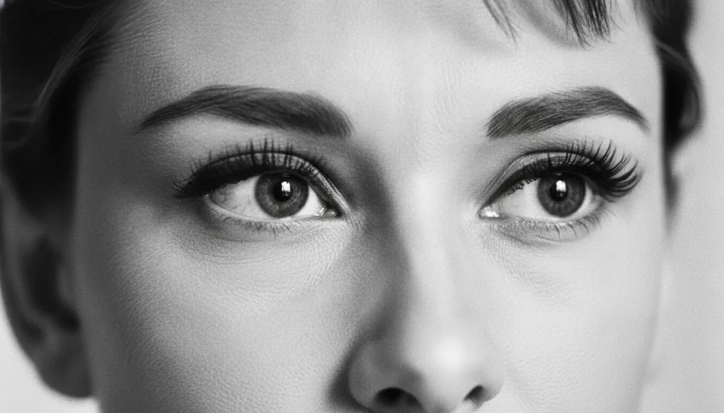 A very close-up cropped image of Audrey Hepburn s eyes showing only her eyes and eyebrows possibly from an old black and