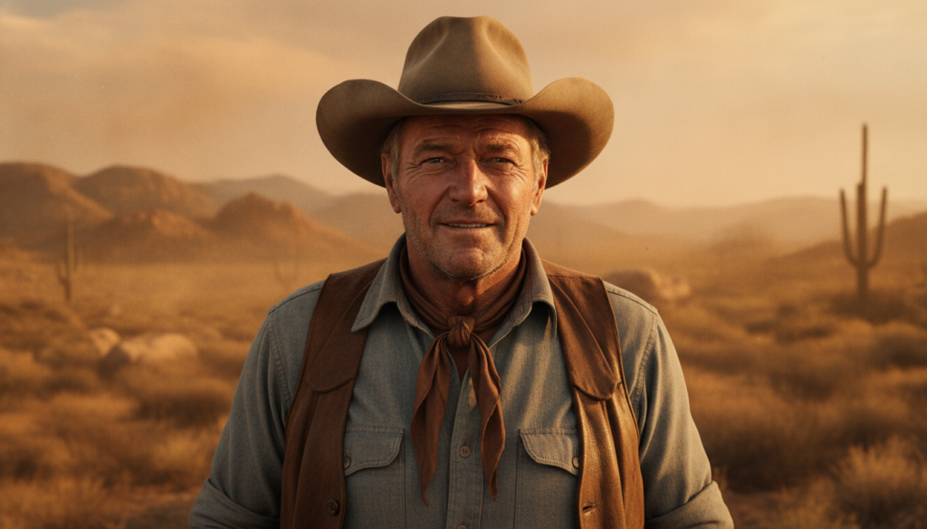 A classic portrait of John Wayne wearing a cowboy hat possibly from a movie set with a rugged iconic Western look He has