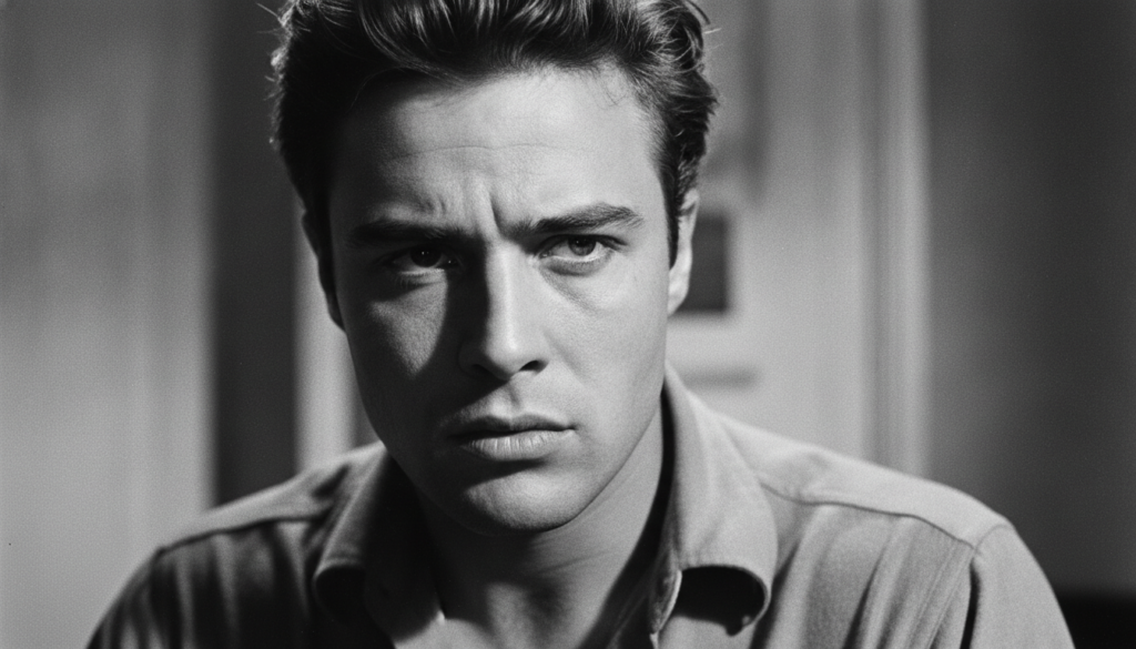 A striking black and white portrait of a young Marlon Brando looking intensely into the camera capturing his iconic rebe