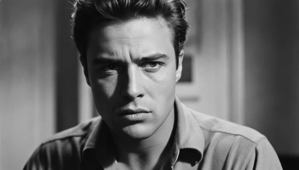 A striking black and white portrait of a young Marlon Brando looking intensely into the camera capturing his iconic rebe