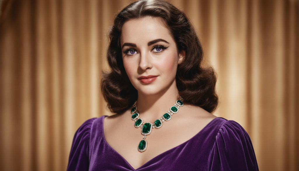 A glamorous portrait of young Elizabeth Taylor from the Golden Age of Hollywood with her iconic violet eyes dramatic mak
