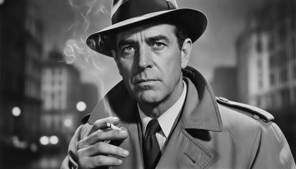 A black-and-white portrait of a famous classic Hollywood actor Humphrey Bogart with his characteristic intense gaze