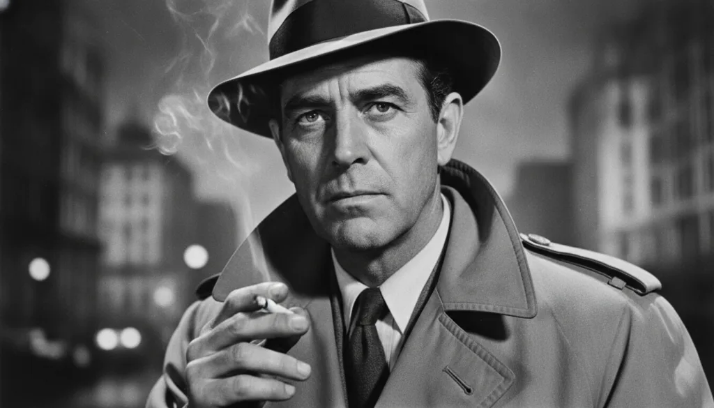 A black-and-white portrait of a famous classic Hollywood actor Humphrey Bogart with his characteristic intense gaze