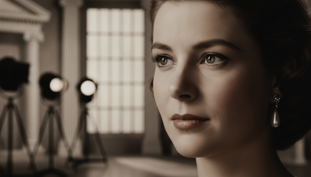 A quiz image showing only the left half of Grace Kelly s face with a mysterious or elegant expression The other half is 