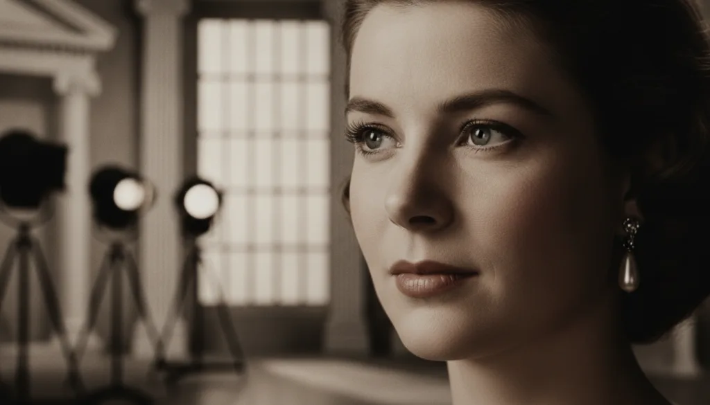 A quiz image showing only the left half of Grace Kelly s face with a mysterious or elegant expression The other half is 