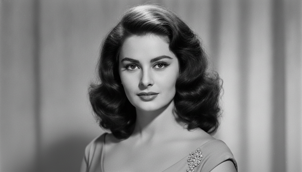 A beautiful classic portrait of a young Sophia Loren smiling subtly and looking directly at the camera with a glamorous 