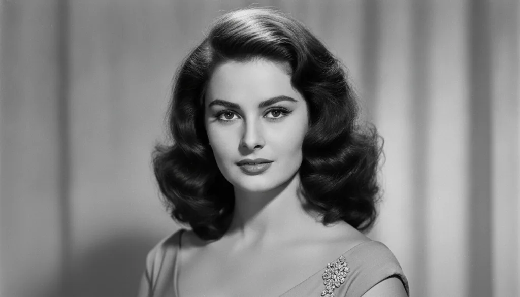 A beautiful classic portrait of a young Sophia Loren smiling subtly and looking directly at the camera with a glamorous 